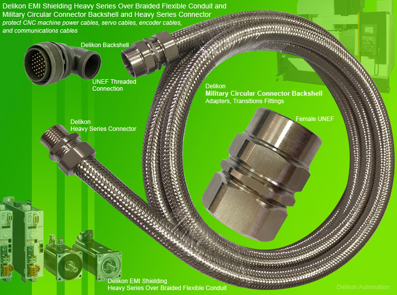 Delikon EMI Shielding Heavy Series Over Braided Flexible Conduit and Military Circular Connector Backshell and Heavy Series Connector protect CNC machine power cables, servo cables, encoder cables, and communications cables. Delikon Conduit Adapter backshells are designed to attach onto the rear end or wire end of the military connector, connecting Delikon Flexible Conduit to the Military connector shell rear end geometry. With this design, the cables are fully protected by Delikon EMI Shielding Heavy Series Over Braided Flexible Conduit systems. Delikon MAS Series Conduit Adapter Backshells are offered in complete range of SHELL SIZES.