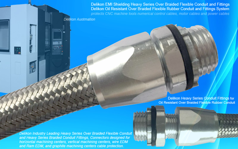 Delikon Oil Resistant and Coolant Resistant EMI Shielding Heavy Series Over Braided Flexible Conduit and Fittings protect CNC Grinder horizontal machining center electrical and data cables. The Heavy Series Over Braided Flexible Conduit system is a widely used flexible conduit series for the automotive, robotics, machine tool and welding industries, as well as numerous other commercial applications from heavy equipment to ECG monitoring cable protection. The heavy series connectors are fabricated from high grade aluminum alloy or stainless steel to provide strength and environmental protection. This family of heavy series connectors offers a wide variety of shell styles, threads specifications and accessory options.