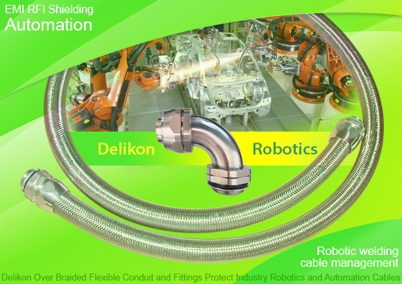 Delikon EMI RFI Shielding Over Braided Corrugated Polyamide Flexible Conduit and Shield Termination Heavy Series Connector for Robotics, motion control and automation cable shielding and protection