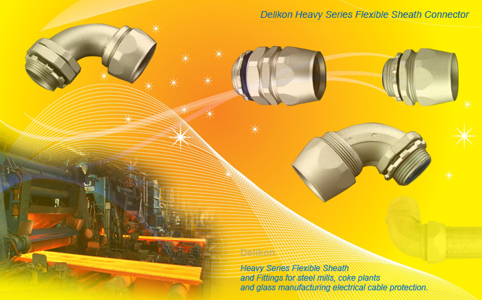 Heavy series over braided flexible conduit fittings for glass manufacturing cable protection